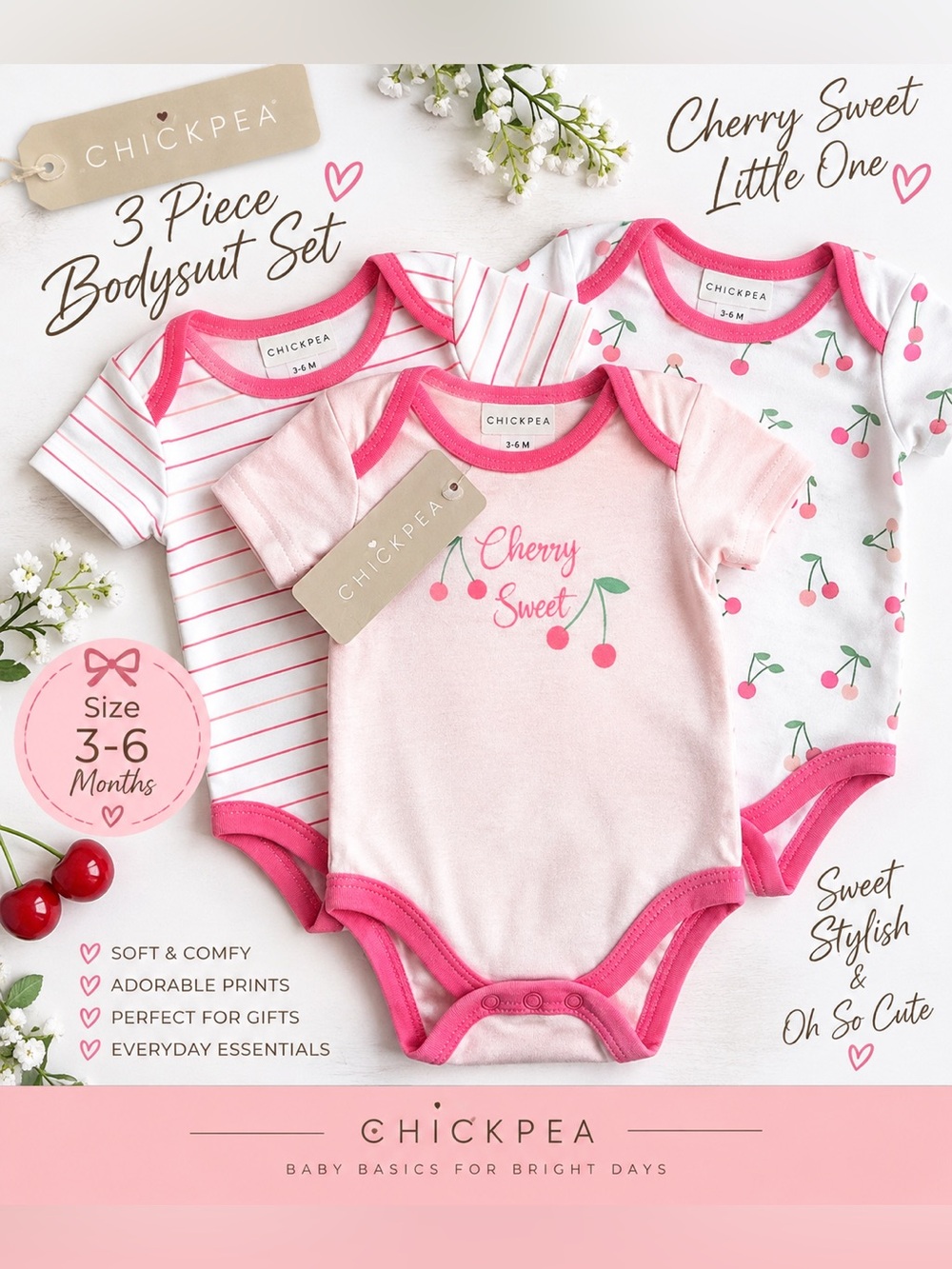 NWT Chickpea Baby Girl 3-6M Cherry Bodysuits 3PC Set Pink